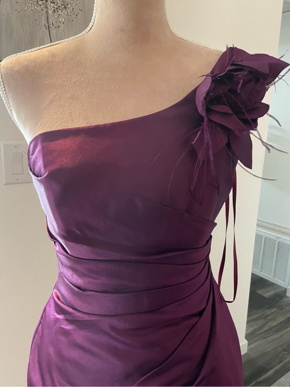 Allure Bridal One-Shoulder Plum Evening Dress with Floral Accent